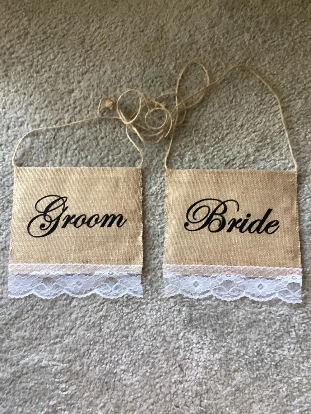 Rustic Burlap Bride & Groom Wedding Sign Set & Chair Signs